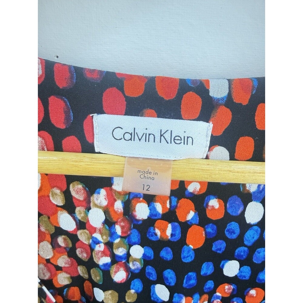 Calvin Klein Blue Colorful Dot Print Ruched Faux Wrap Jersey Dress Sz 12 V Neck - Picture 11 of 11